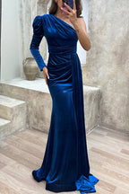 Robe longue mystérieuse en velours Lady, une épaule dénudée, garniture de paillettes, ruchée, avec fente
