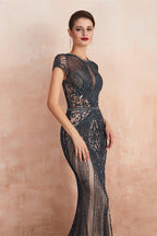Robe longue de bal à perles de sirène élégante avec manches courtes