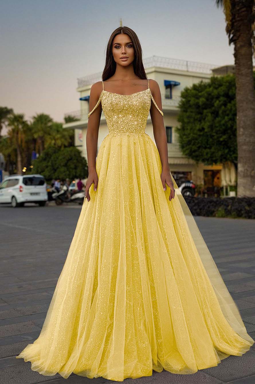 Tulle Spaghetti Strap Sleeveless A Line Prom Dress With Sequins Beads