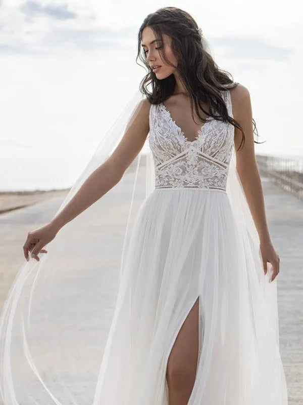 Sleeveless V Neck Lace Wedding Dress For Modern Brides
