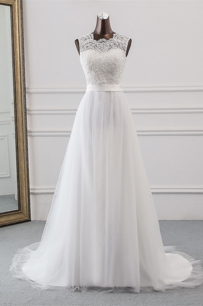 Classic Tulle A Line Jewel Wedding Dress with Appliques Lace
