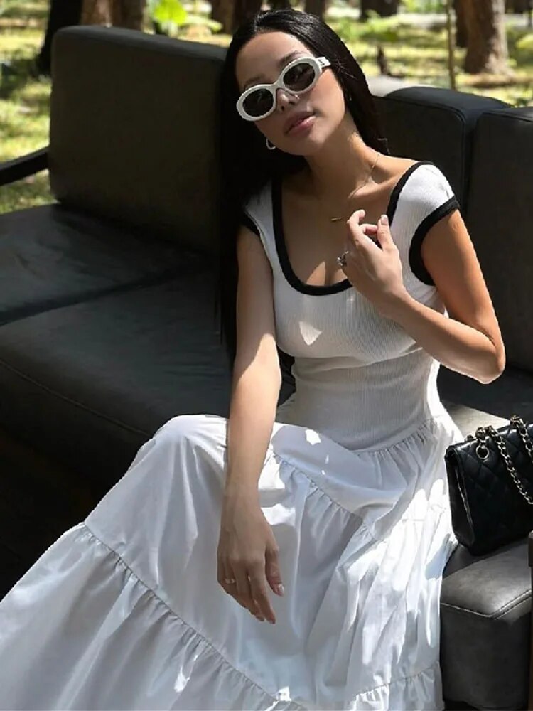 Robe longue rétro fine TARUXY pour femme, été 2024, manches courtes, taille haute, robe de soirée élégante pour dame, maxi femme