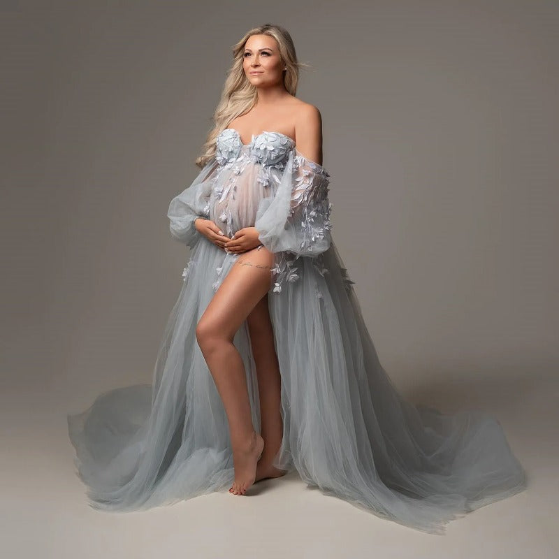 Abito premaman elegante in tulle con applicazioni, maniche a sbuffo, spacco laterale, scollo a cuore, abiti premaman per servizio fotografico, abito per festa premaman su misura