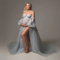 Abito premaman elegante in tulle con applicazioni, maniche a sbuffo, spacco laterale, scollo a cuore, abiti premaman per servizio fotografico, abito per festa premaman su misura