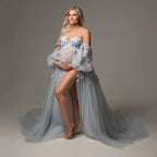 Abito premaman elegante in tulle con applicazioni, maniche a sbuffo, spacco laterale, scollo a cuore, abiti premaman per servizio fotografico, abito per festa premaman su misura