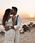 Charming V Neck Long Mermaid Floral Wedding Dress With Lace Backless
