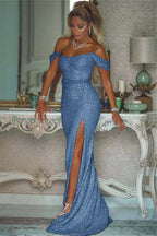 Pink Sequins Off Shoulder Mermaid Prom Dress With Slit Custom Colors And Sizing
