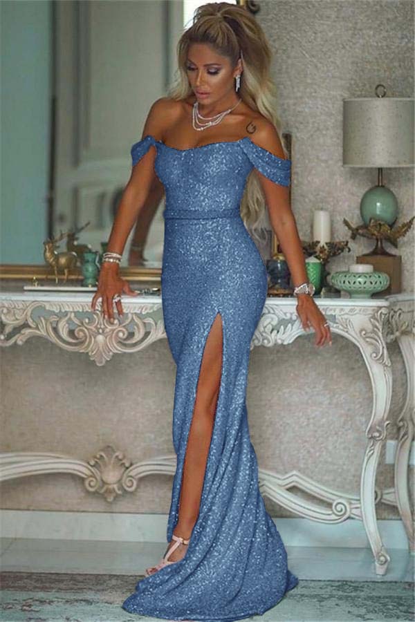 Pink Sequins Off Shoulder Mermaid Prom Dress With Slit Custom Colors And Sizing