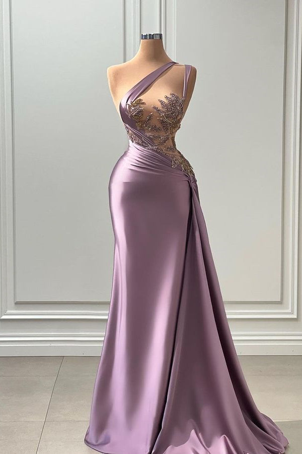 Langes Meerjungfrau-Abendkleid mit One-Shoulder-Träger und ärmelloser Satinspitze