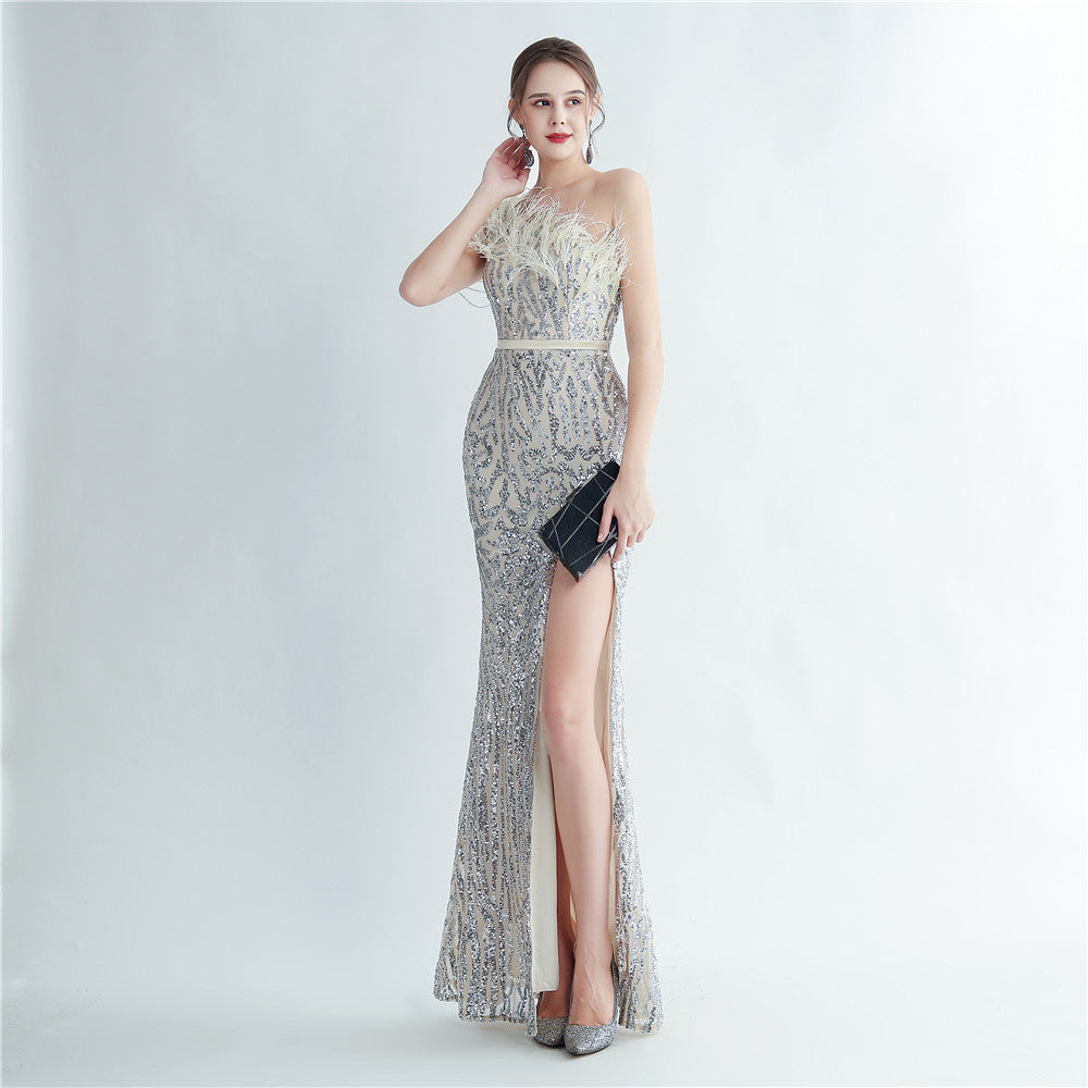 Vestido de noite com contas artesanais de cabelo de avestruz da indústria pesada com fenda lateral