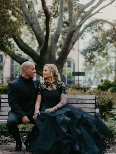 Charming Tulle Lace Two Piece Long Wedding Dress With Short Sleeves