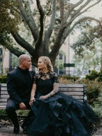 Charming Tulle Lace Two Piece Long Wedding Dress With Short Sleeves