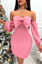 Robe courte mignonne à manches lanternes tombant sur les épaules avec nœud énergique