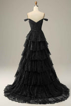 Fuchsia Princess Off the Shoulder Long Tiered Corset Prom Dress with Sequins