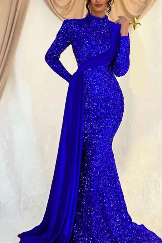 Vestido de Baile com Lantejoulas, Gola Alta, Mangas Compridas, Estilo Sereia e Folhos