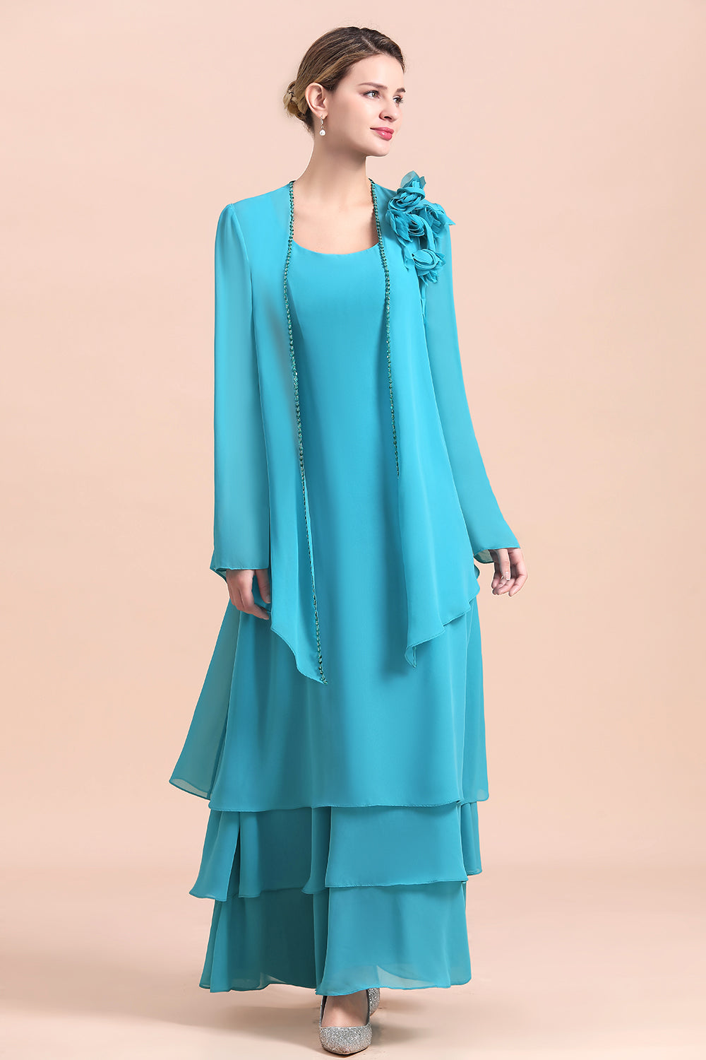 BMbridal Gorgeous Square Neck Flowers Layers Mother of Bride Dress with Long Wraps