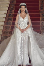 Chic Lace Long Mermaid V Neck Tulle Wedding Dress With Detachable Train
