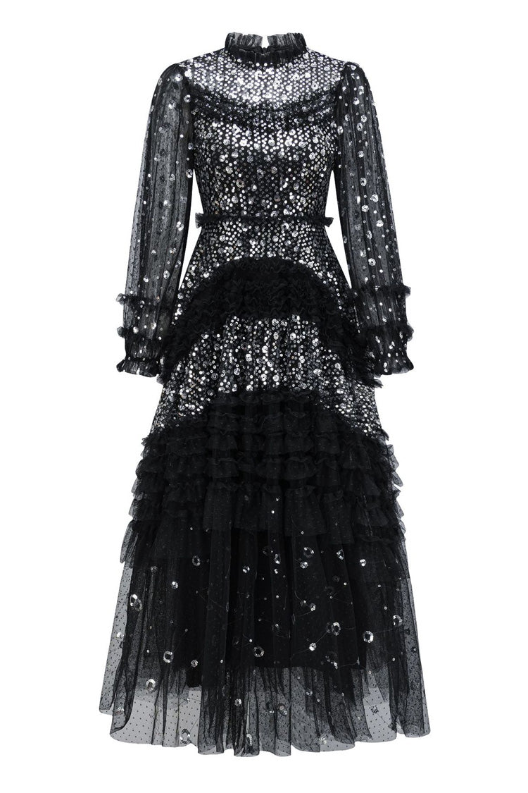 Abito da sera lungo in tulle a balze con collo alto finto, balze a pois e paillettes scintillanti