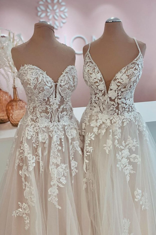Pretty Floor Length A Line Backless Wedding Dress With Tulle Lace Appliques