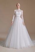 Luxury Long Sleeves A Line High Neck Wedding Dress With Tulle Lace