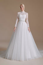 Luxury Long Sleeves A Line High Neck Wedding Dress With Tulle Lace