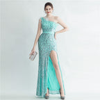 Heavy Industry Ostrich Hair Craft Bundle Hair Evening Dress with Oblique Shoulder Slit