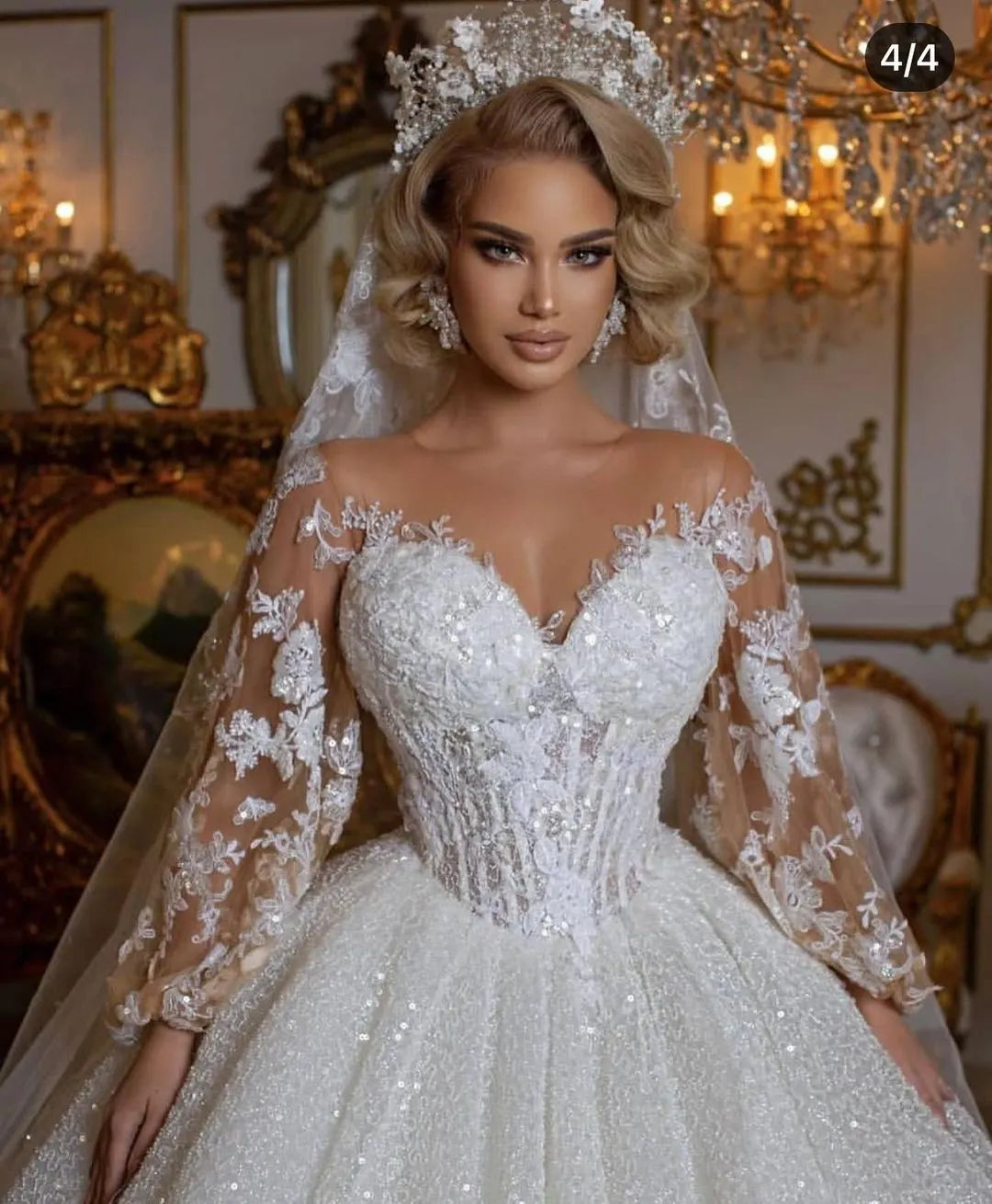 Stunning Ball Gown Featuring Puffy Sleeves Long Wedding Dress With Appliques