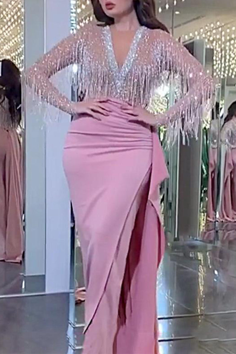 Abito da sera elegante e sensuale con scollo a V e frange color bronzo