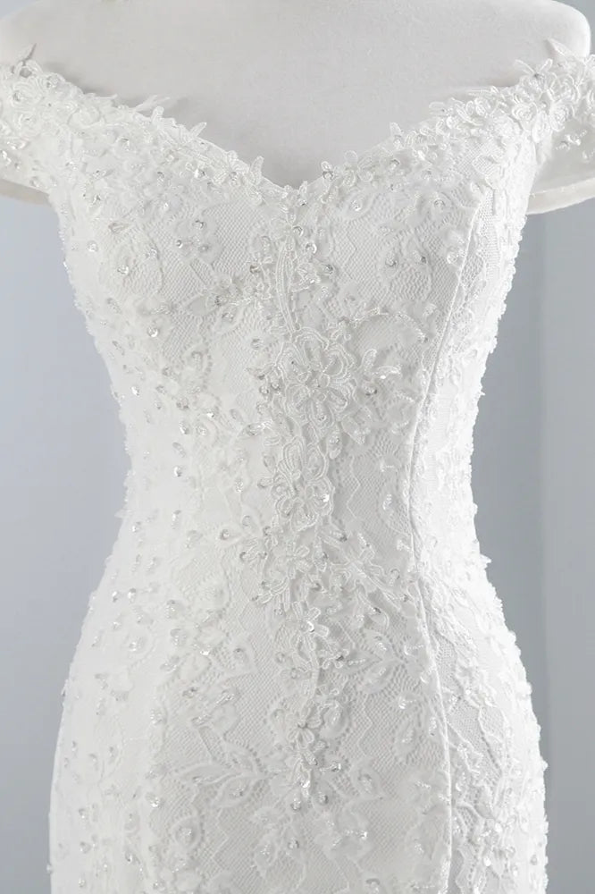 Off Shoulder Lace Mermaid Wedding Dress Floor Length Bridal Gown