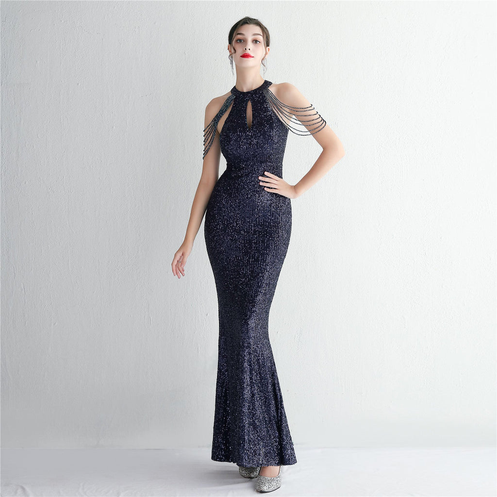 Pailletten Craft Perlen Cocktail Abendkleid Elegante Lange Neckholder Slim Fit Fischschwanz 