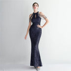 Pailletten Craft Perlen Cocktail Abendkleid Elegante Lange Neckholder Slim Fit Fischschwanz 