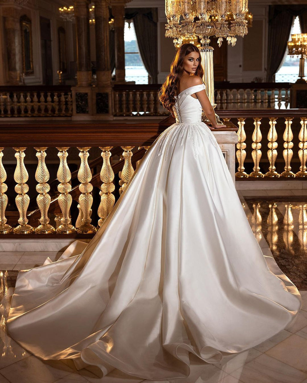 Sweetheart Backless Satin A Line Wedding Dress Off Shoulder Ruffles Appliques