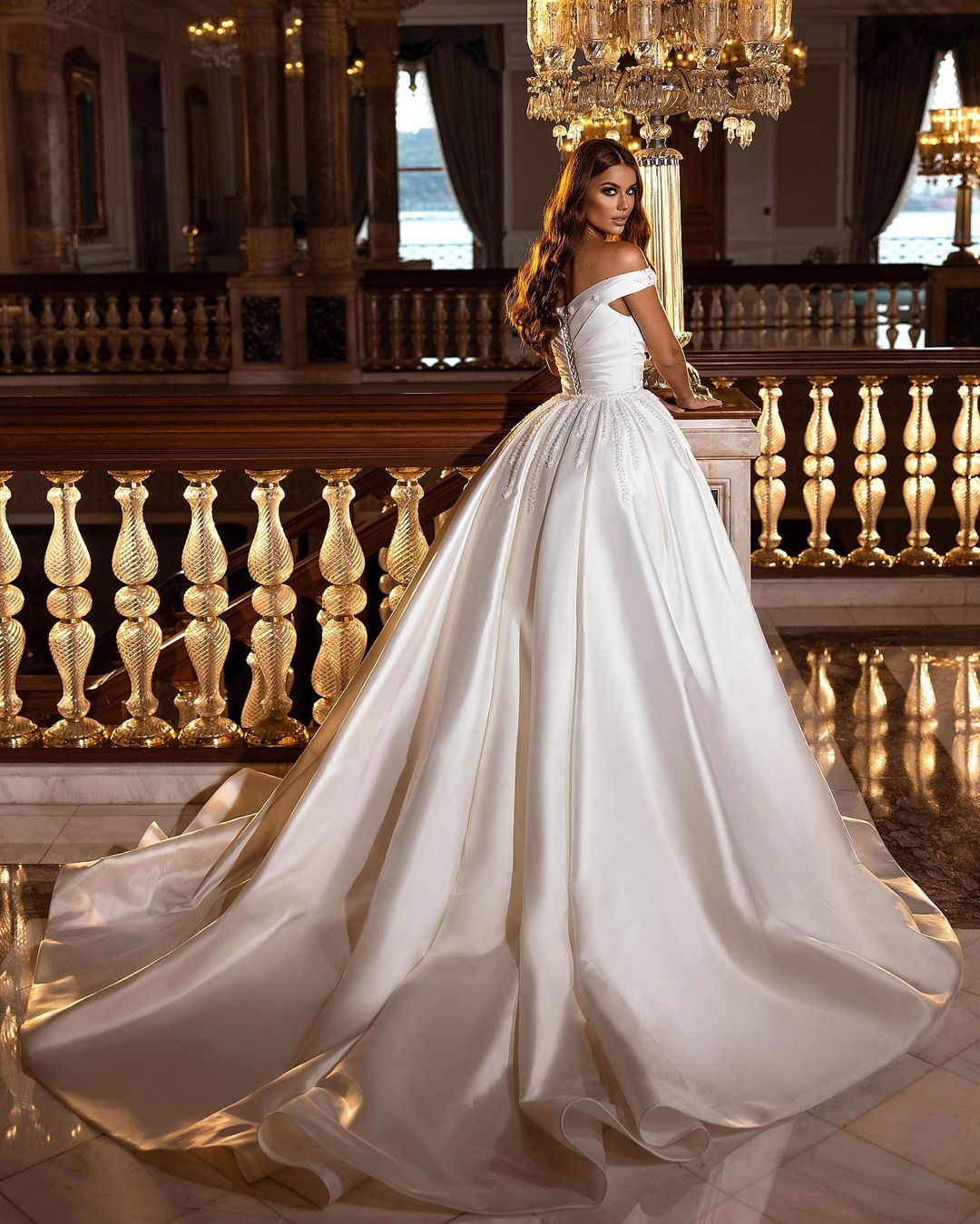 Sweetheart Backless Satin A Line Wedding Dress Off Shoulder Ruffles Appliques