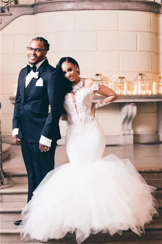 Chic Mermaid Tulle Wedding Dress With Long Sleeves Off Shoulder And Appliques