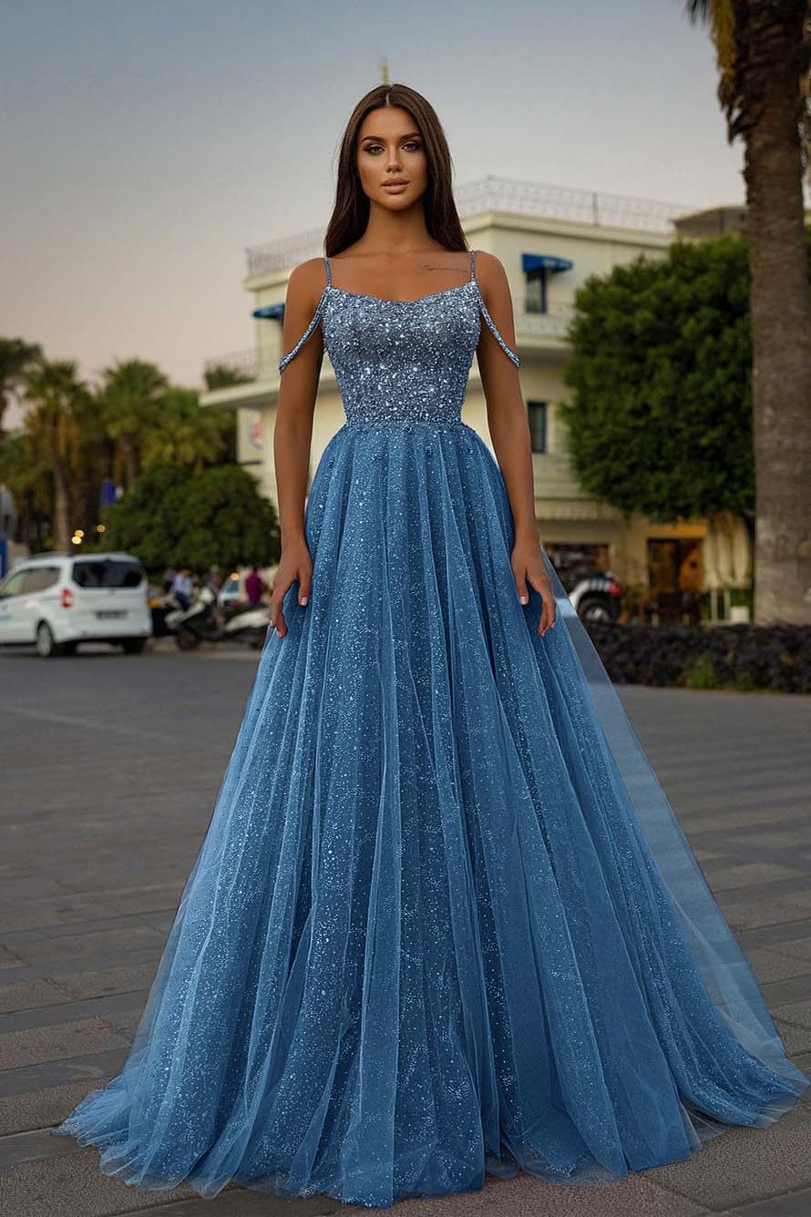 Tulle Spaghetti Strap Sleeveless A Line Prom Dress With Sequins Beads