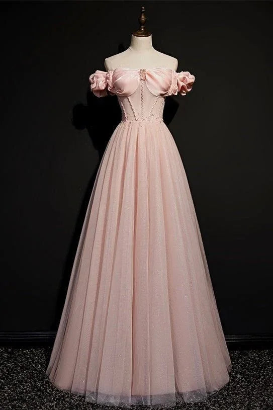 Vestido de Baile de Princesa Rosa em Tule com Contas, Decote Ombro a Ombro, Vestido de Noite Y7584