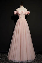 Vestido de Baile de Princesa Rosa em Tule com Contas, Decote Ombro a Ombro, Vestido de Noite Y7584