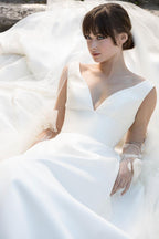 Satin Sleeveless V Neck Wedding Dress Elegant Bridal Gown