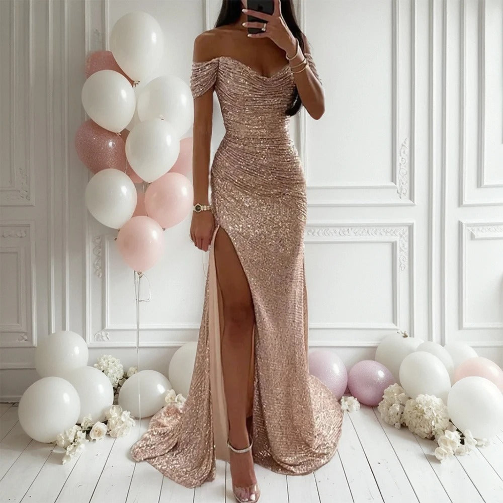Mulheres sereia maxi vestidos de noite 2026 elegante fora do ombro lantejoulas divisão formal cintura alta vestidos de baile para festa personalizado