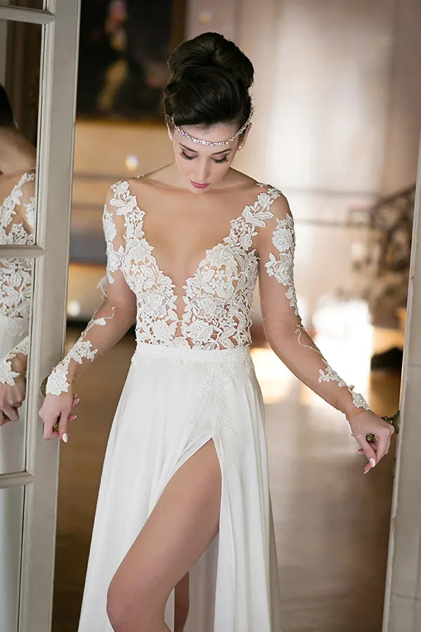 Chiffon Long Sleeves Wedding Dress With Slit Elegant Bridal Gown