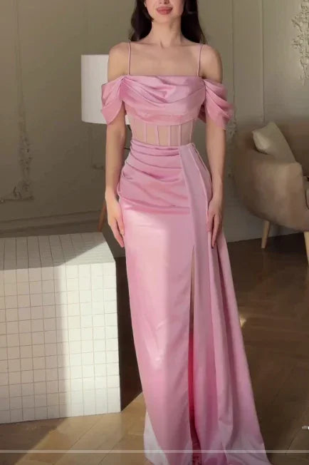 Vestido de fiesta elegante rosa con hombros descubiertos, corte sirena y abertura, vestido de noche Y7625