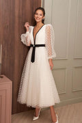 Bmbridal Long Sleeve Tulle Tea Length Wedding Dress with V Neck Appliques