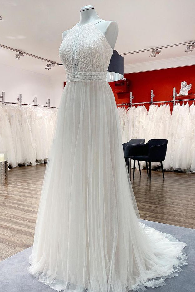 Vintage Long Halter Backless A Line Wedding Dress With Lace And Tulle