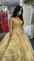 Vestido Luxuoso de Champanhe com Decote em V para Quinceanera Vestido de Princesa Vestido de Baile de Champanhe Y593