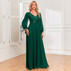 Long Sleeve Lace Up High Quality Double V Neck Sequin Chiffon Patchwork A Line Big Swing Full Lining Party Evening Dress