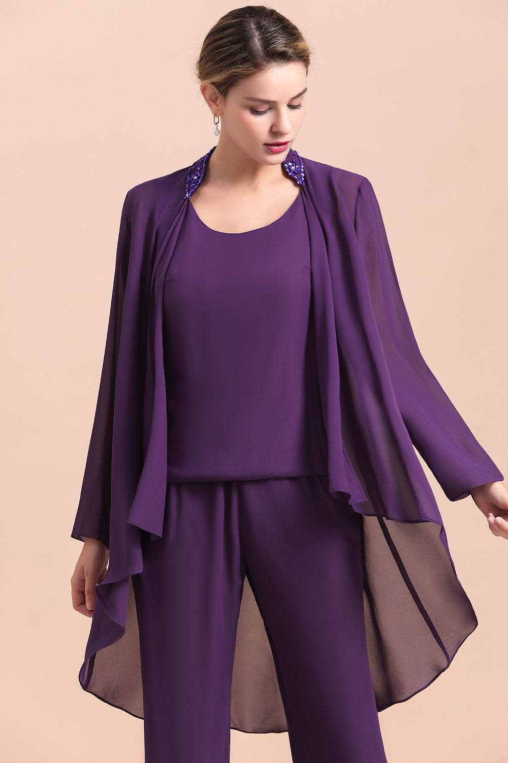 BMbridal Affordable Straps Beading Grape Chiffon Mother of Bride Jumpsuit Online with Wrap
