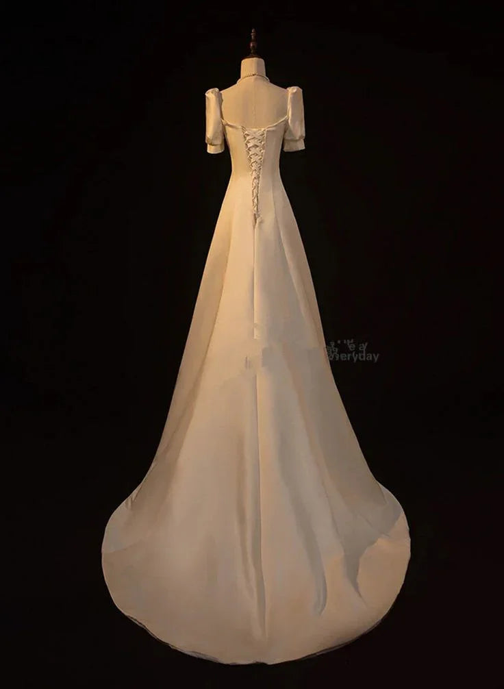 Elegant White Satin A-line Wedding Party Dress Long Prom Dress Evening Gown Y7546