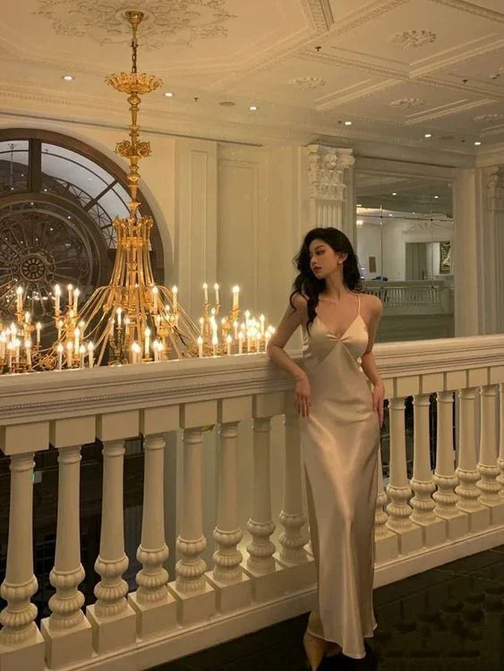 Silk Satin Cross Back Long Evening Dress Sexy Evening Gown Y717