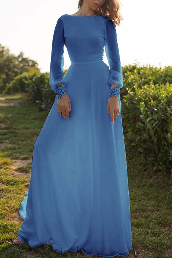 Tulle Bateau Long Sleeves Boho Wedding Dress Open Back A Line