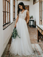 Lace Sleeveless Boho Wedding Dress With Floral Embroidery